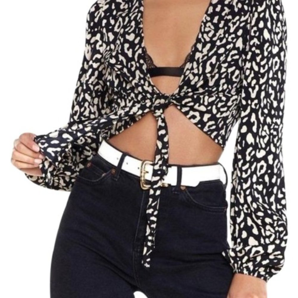 Nasty Gal Black Leopard Print Long Sleeve Tie Crop Top